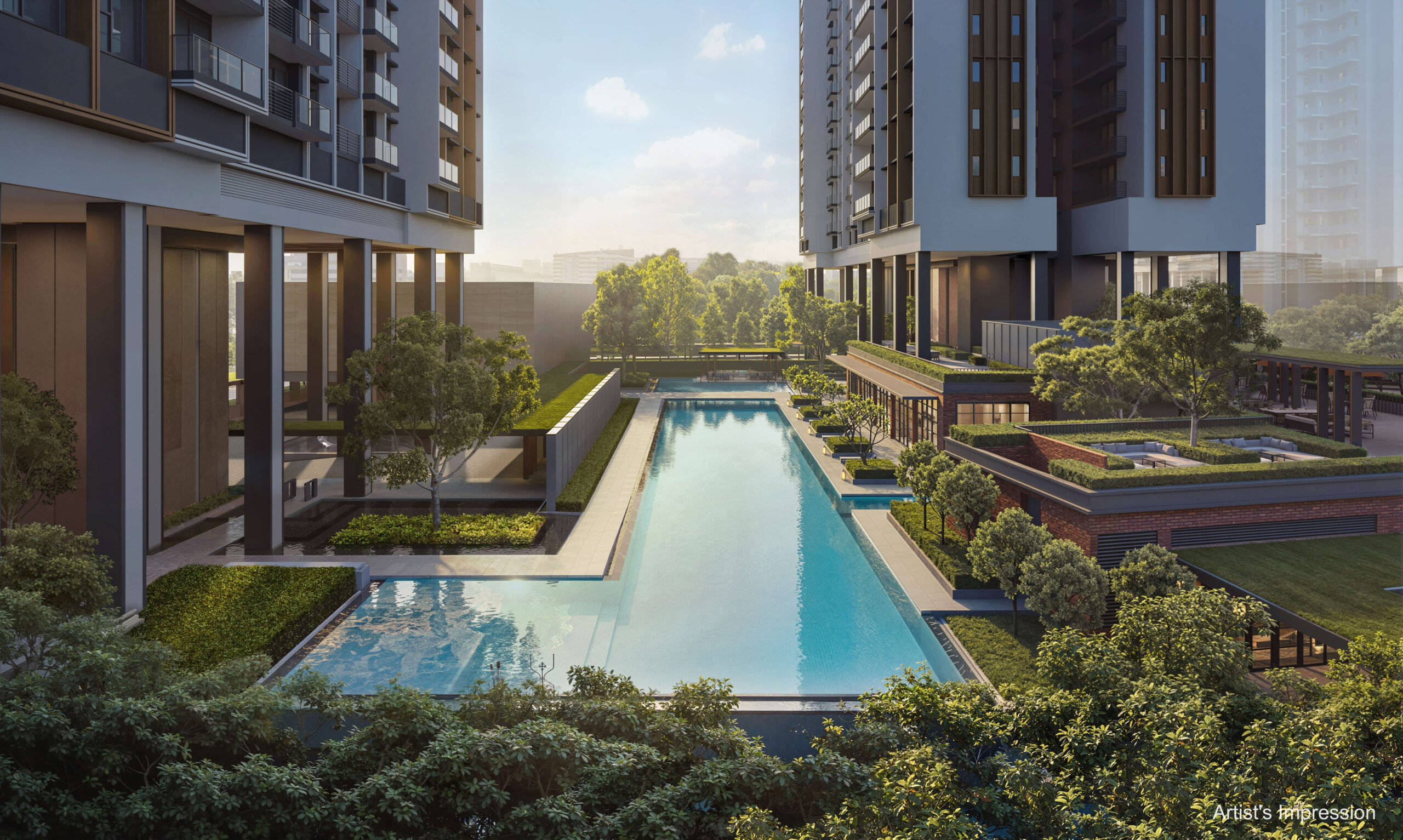 Hudson Place Residences swimming pool view with landscaped deck and residential towers at Media Circle one-north Singapore
