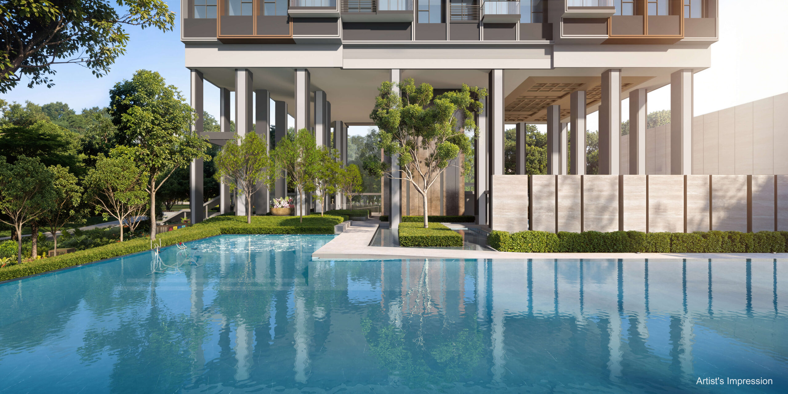 Hudson Place Residences morning pool deck view with landscaped facilities and natural light at Media Circle one-north Singapore