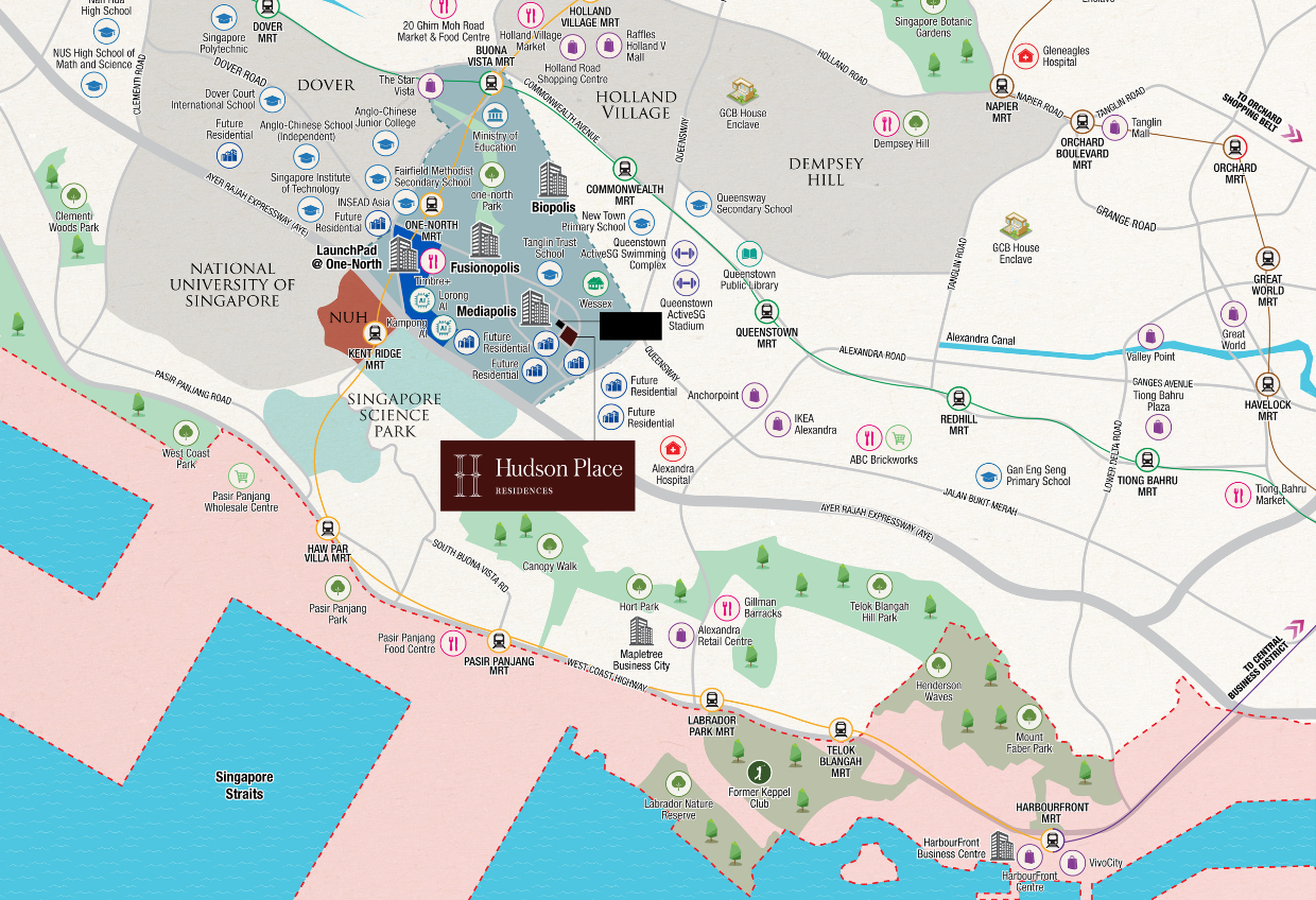 Hudson Place Residences location map at Media Circle within one-north, Singapore, showing proximity to One-North MRT and surrounding amenities